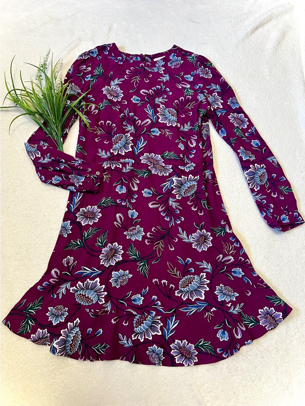 LOFT Floral Purple Ruffle Long Sleeve Dress - Size 10 Tall